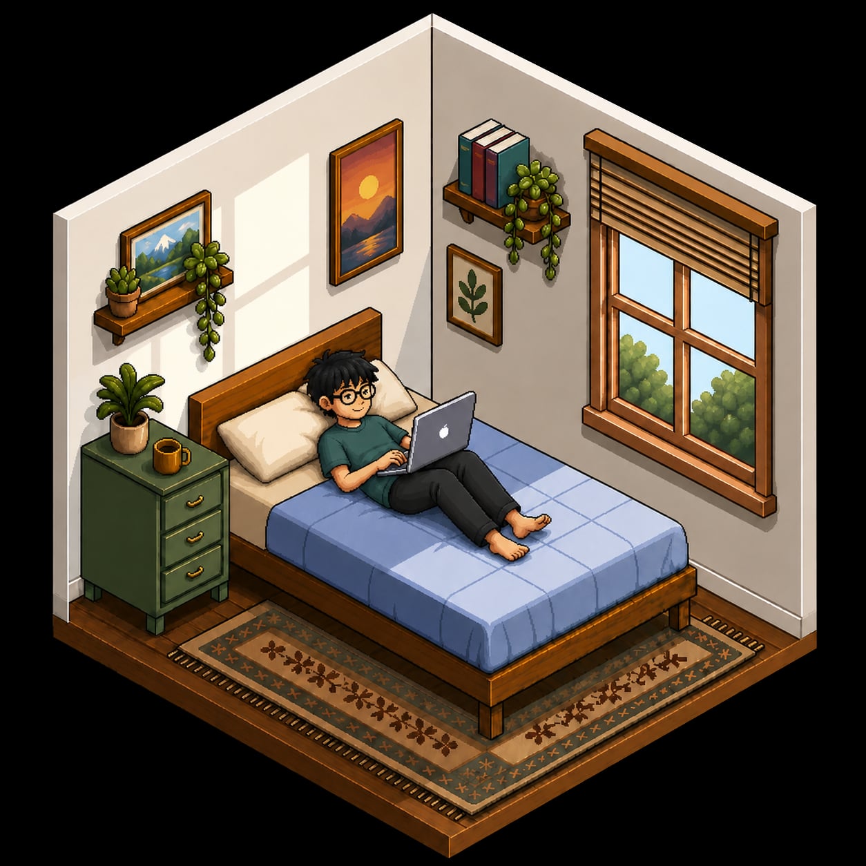 Isometric bedroom scene in morning light